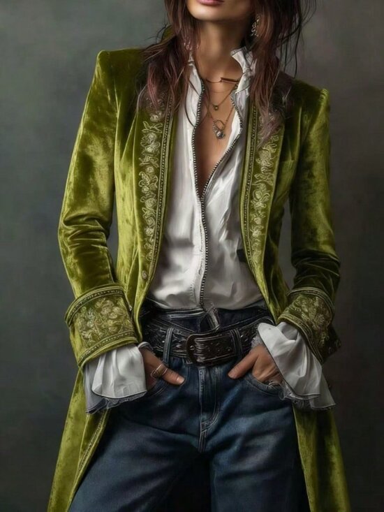 Jackets & Blazers - Olive Green Elegant Women's Patchwork Lace Long Sleeve Jacket